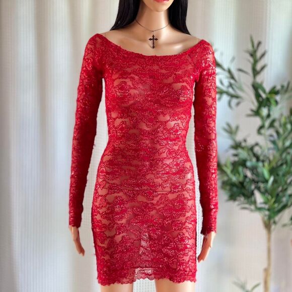 Handmade Y2K Red Glitter Sheer Lace Mini Dress Long Sleeve Bodycon Clubwear XS/S - Picture 2 of 7
